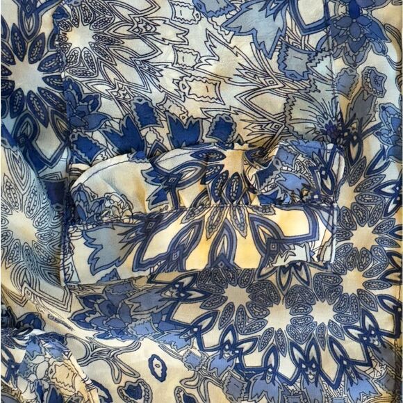 Elie Tahari Semi Sheer Blouse Women's S Blue Print Ruffle Shoulder Top Shirt - Picture 5 of 10